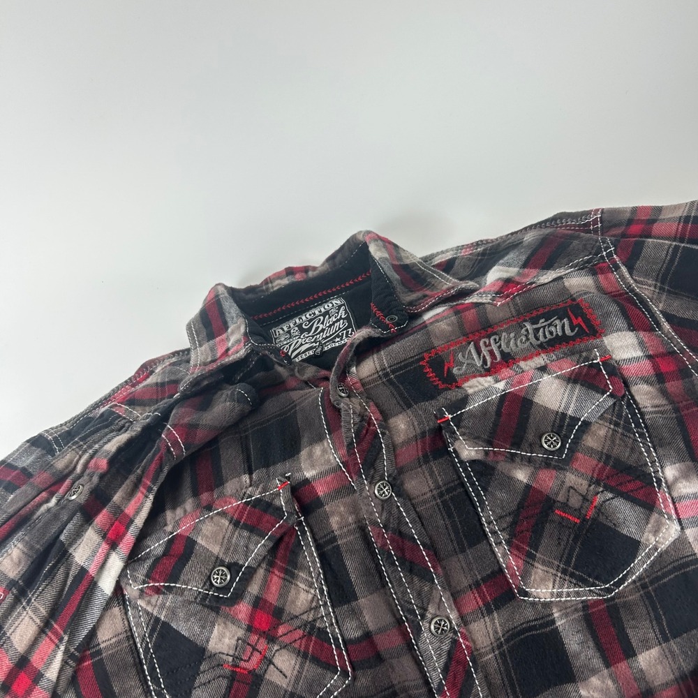 Affliction Men's L Y2K Grunge Black Snap American Plaid Flannel Shirt Red Skull